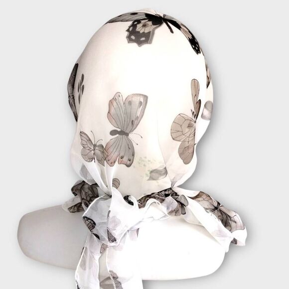 Womens Scarf Chiffon Butterflies Black White Rectangle 60x13 Wrap Style Glamour - Picture 1 of 6